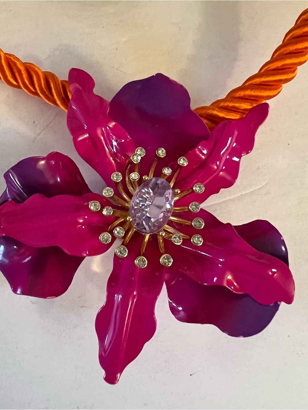 Betsey Johnson Orange Rope Necklace with Hot Pink Floral Pendant - Picture 9 of 16